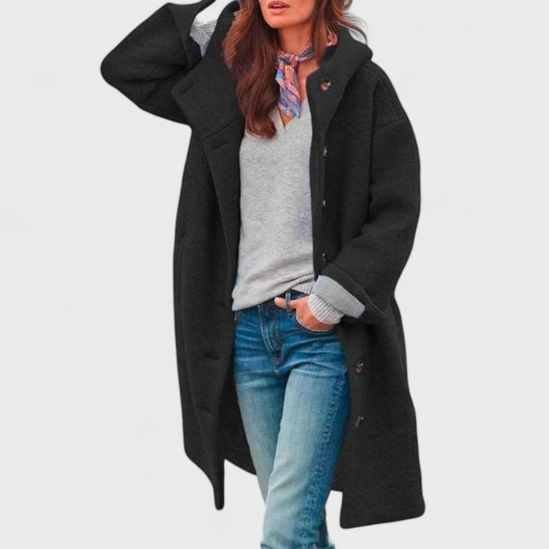 Valeria Textured Wool Coat – Longline Oversized-Hooded Button-Front Overcoat