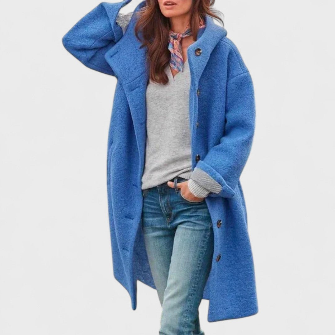 Valeria Textured Wool Coat – Longline Oversized-Hooded Button-Front Overcoat
