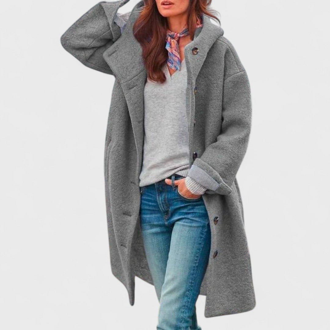 Valeria Textured Wool Coat – Longline Oversized-Hooded Button-Front Overcoat