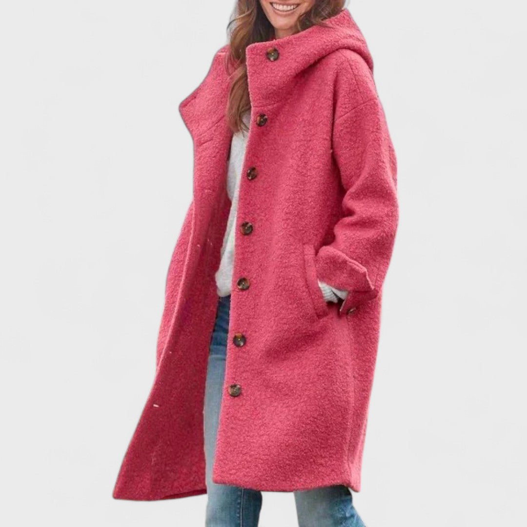 Valeria Textured Wool Coat – Longline Oversized-Hooded Button-Front Overcoat