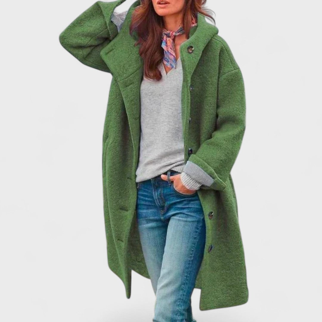Valeria Textured Wool Coat – Longline Oversized-Hooded Button-Front Overcoat