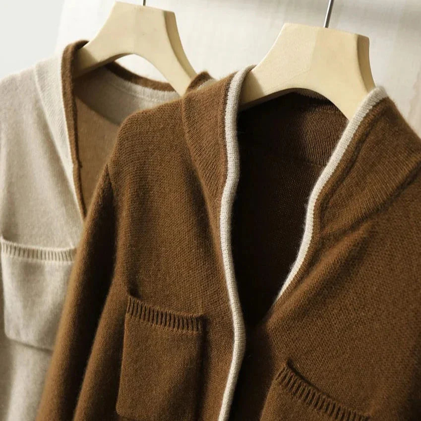 Valeria Wool Blend Cardigan – Contrast-Trim Button-Front Relaxed Knitwear