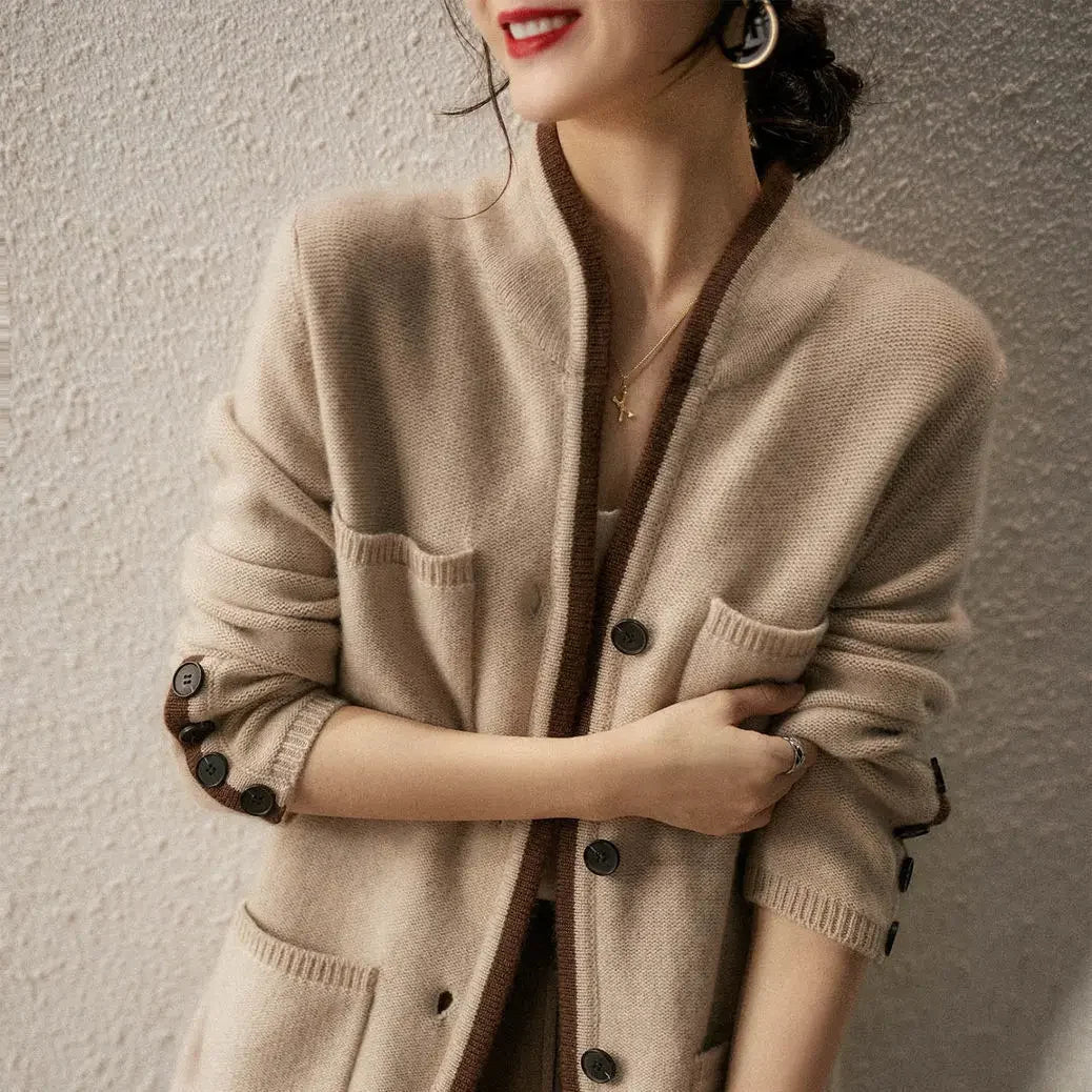 Valeria Wool Blend Cardigan – Contrast-Trim Button-Front Relaxed Knitwear