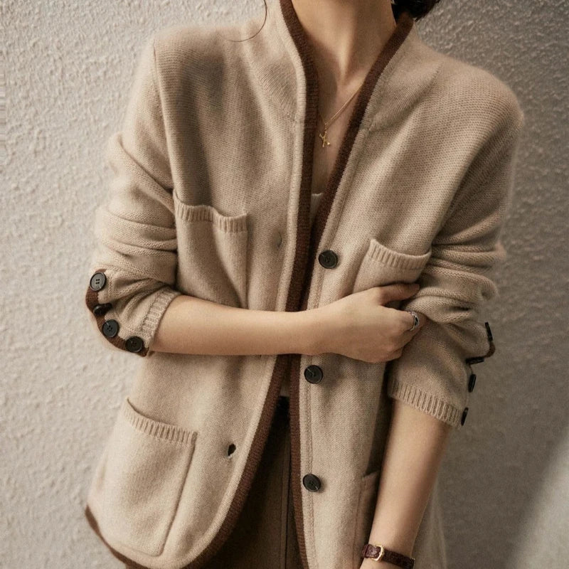 Valeria Wool Blend Cardigan – Contrast-Trim Button-Front Relaxed Knitwear