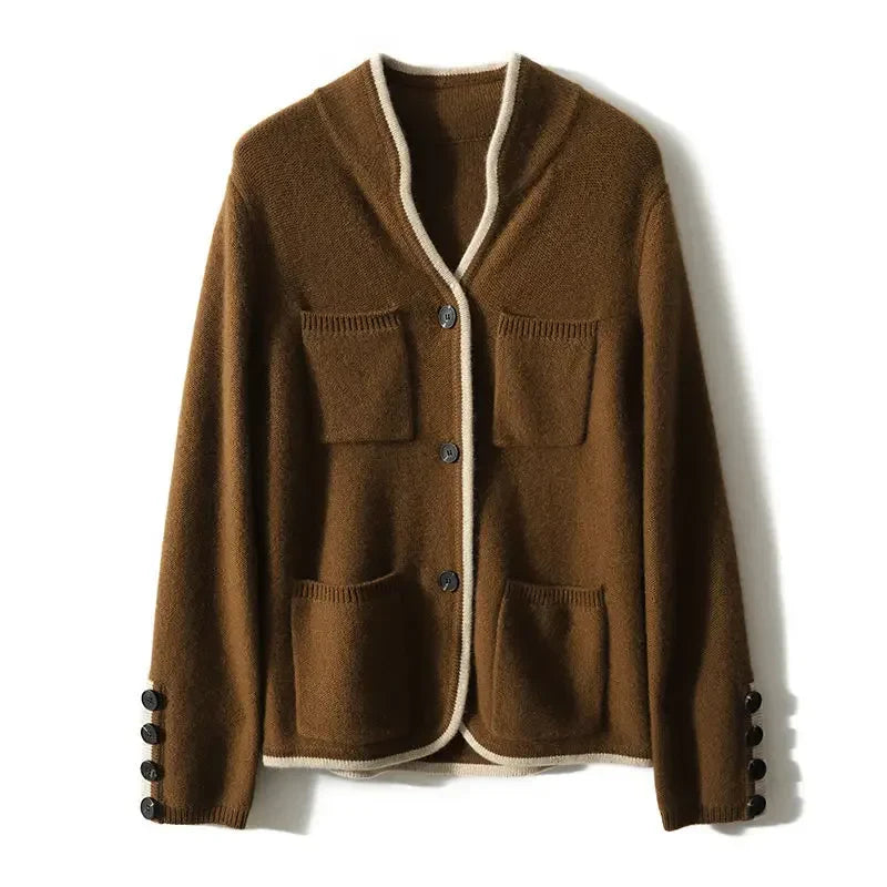 Valeria Wool Blend Cardigan – Contrast-Trim Button-Front Relaxed Knitwear
