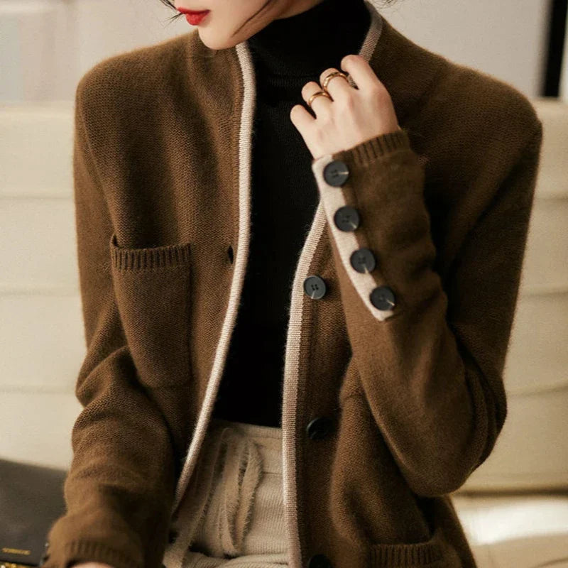 Valeria Wool Blend Cardigan – Contrast-Trim Button-Front Relaxed Knitwear