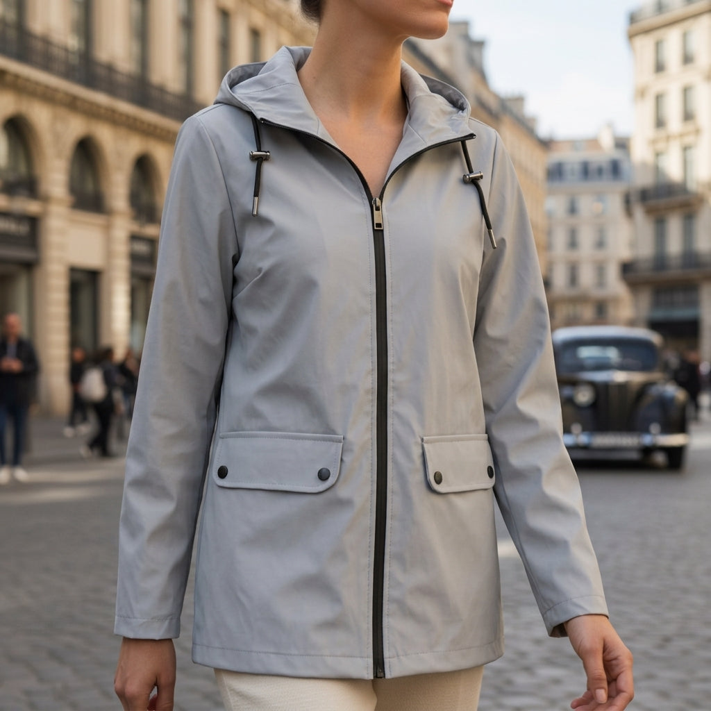 Woman wearing a light gray hooded waterproof jacket featuring a full-zip closure, flap pockets, and adjustable hood in an urban setting.