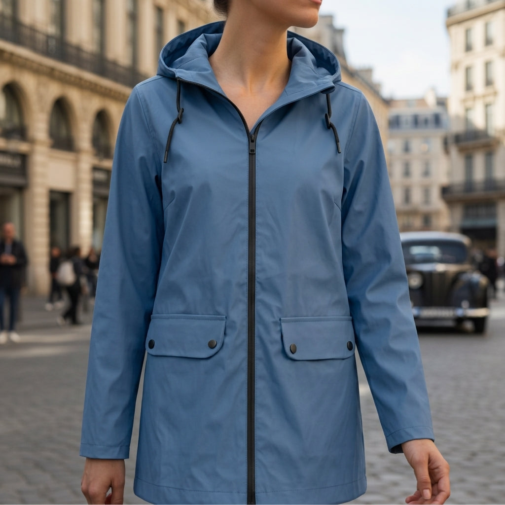 Woman wearing a blue hooded waterproof jacket with a full-zip front, flap pockets, and adjustable hood outdoors.