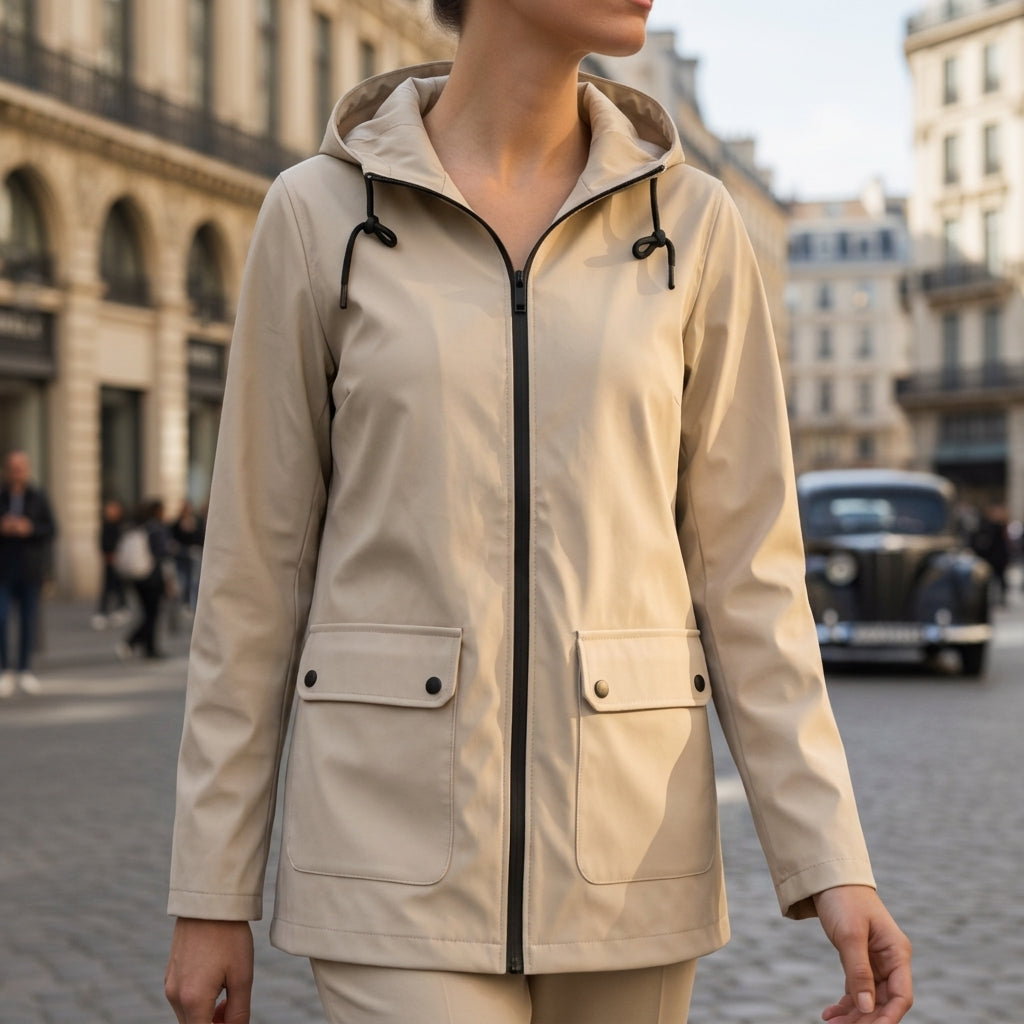 Woman wearing a beige hooded waterproof jacket featuring a full-zip closure, flap pockets, and long sleeves in the city.