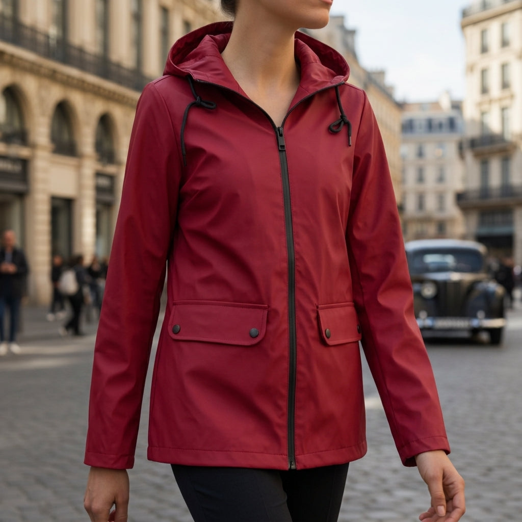 Woman wearing a red hooded waterproof jacket with a full-zip front, flap pockets, and adjustable hood during an outdoor walk.