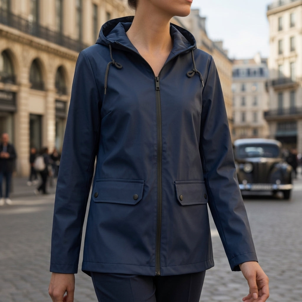 Woman wearing a navy hooded waterproof jacket with a full-zip front, flap pockets, and adjustable hood outdoors.