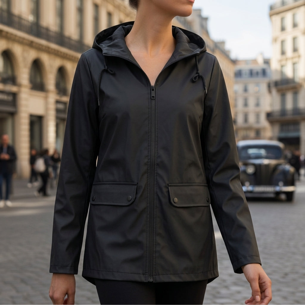 Woman wearing a black hooded waterproof jacket featuring a full-zip closure, flap pockets, and long sleeves while walking in the city.