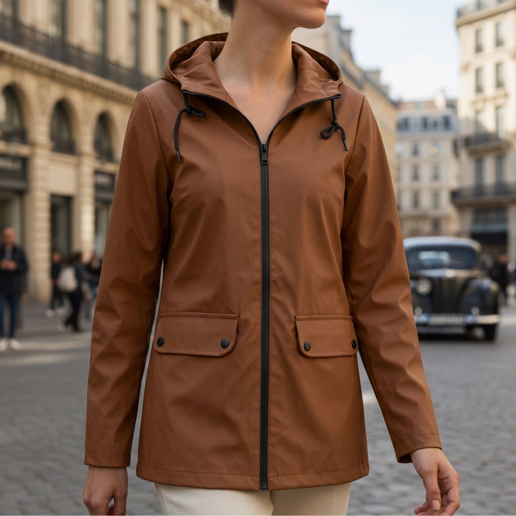Woman wearing a brown hooded waterproof jacket with a full-zip front, flap pockets, and adjustable hood while walking in the city.