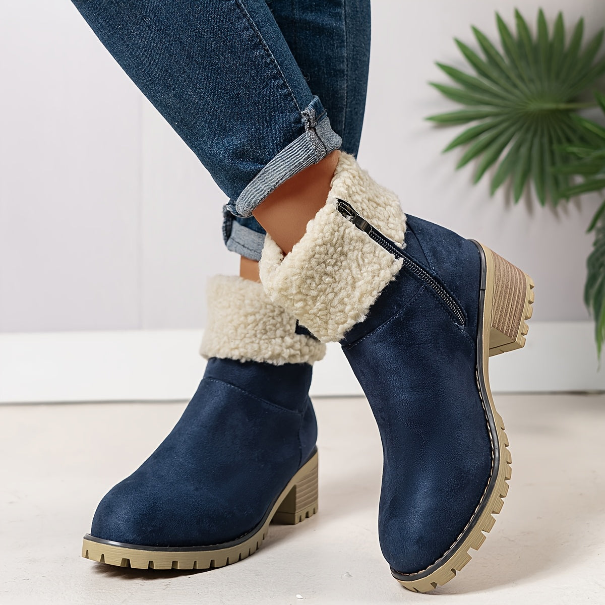 Navy vegan suede block heel ankle boots for women with sherpa cuff, worn with cuffed jeans