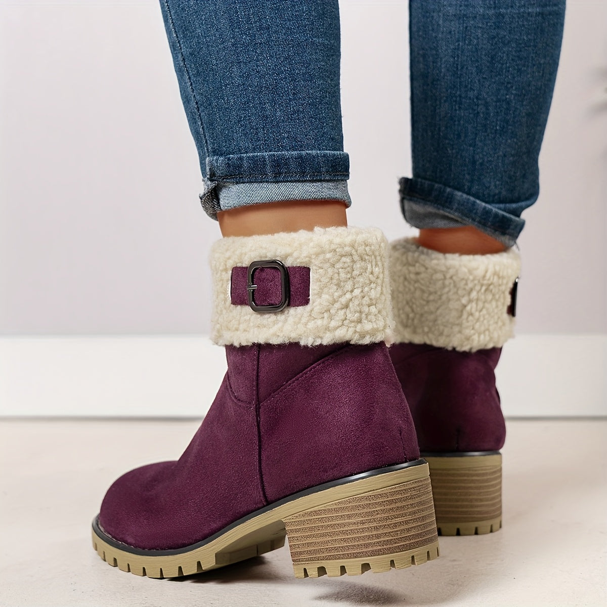 Burgundy sherpa cuff ankle boots for women seen from behind, showing the stacked block heel