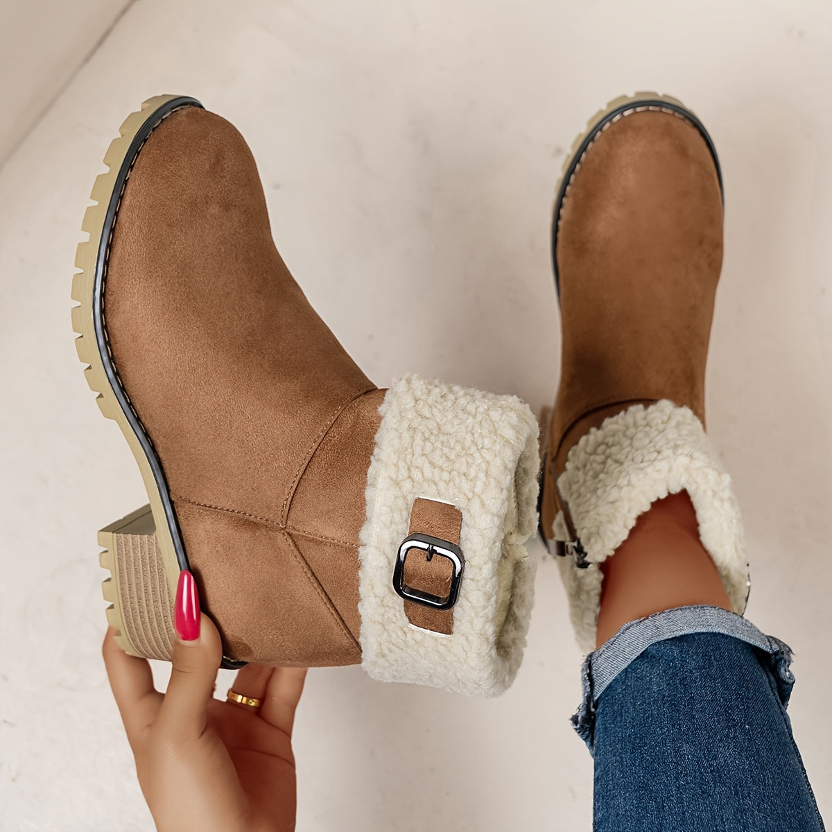 Dark brown vegan suede ankle boots for women with sherpa cuff and buckle strap, worn with jeans