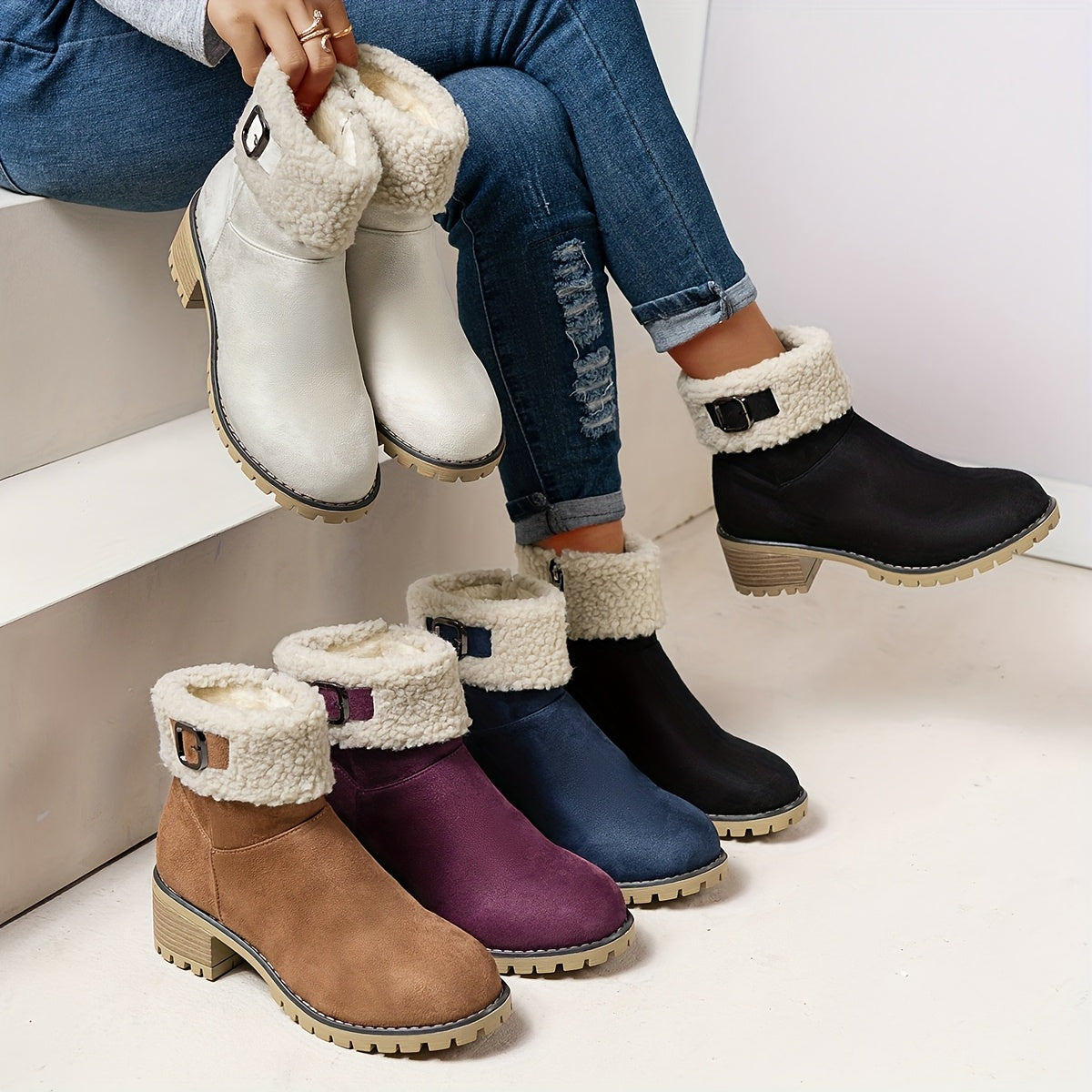 Five colourways of sherpa cuff block heel ankle boots in cream, black, brown, burgundy and navy