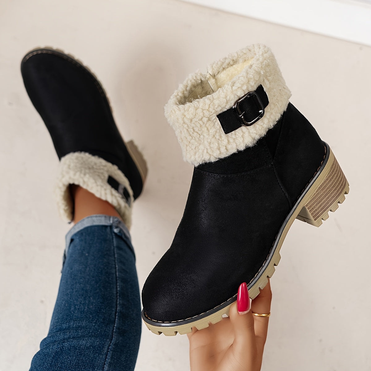 Close-up of a black vegan suede ankle boot showing the sherpa cuff, buckle strap and wooden-look heel