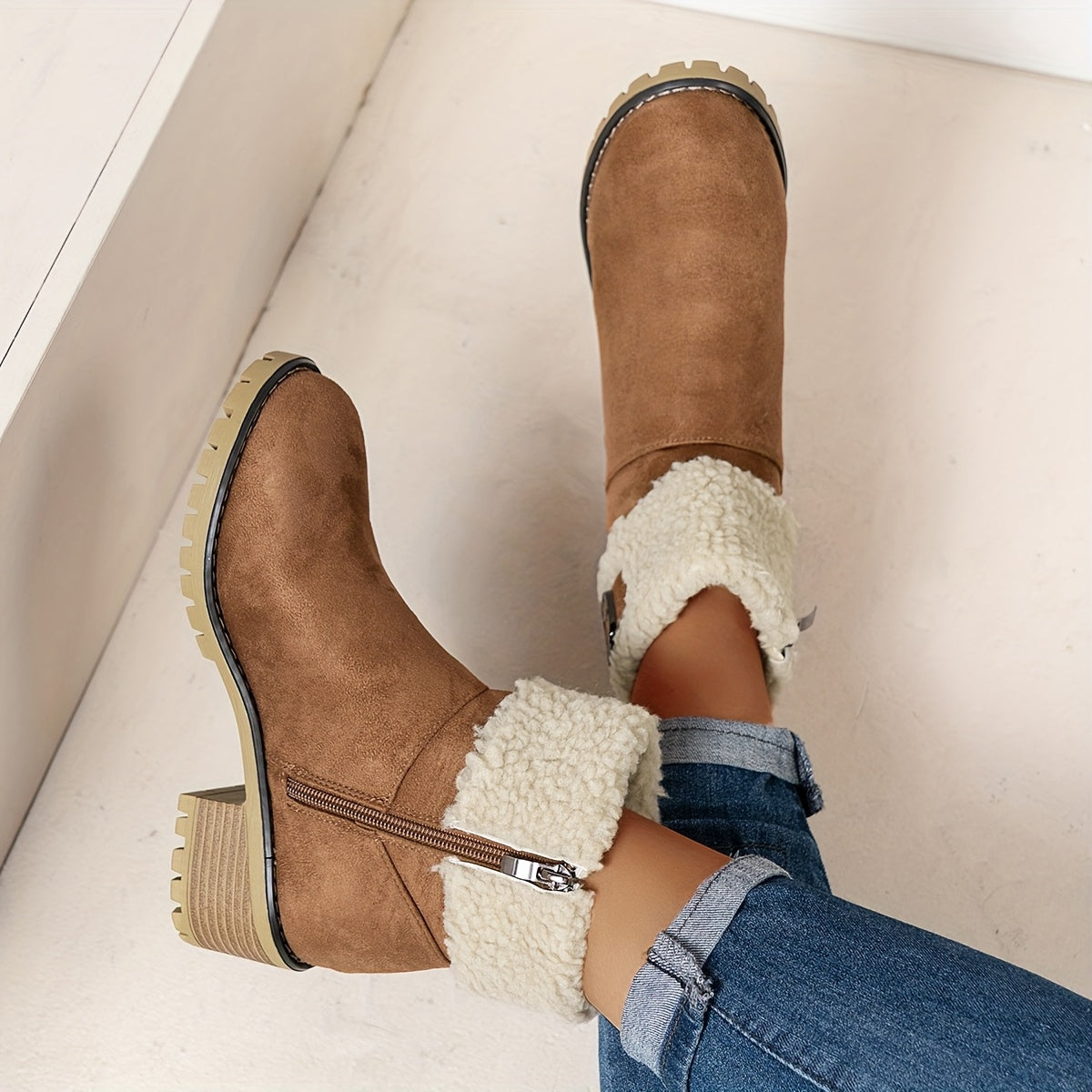 Dark brown vegan suede block heel ankle boots for women with folded sherpa cuff and buckle strap