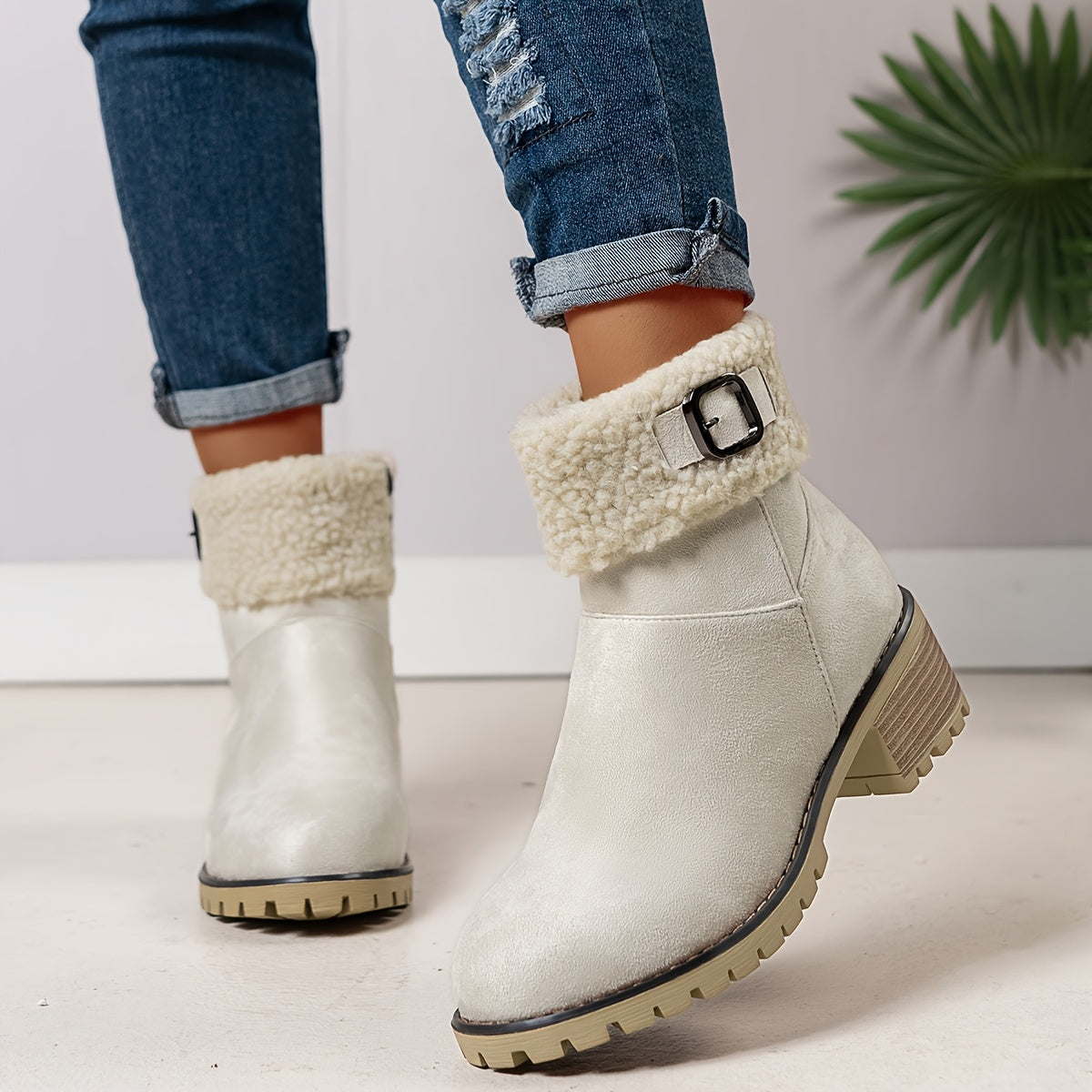 Cream vegan suede ankle boots for women with sherpa cuff and non-slip sole, worn with cuffed jeans
