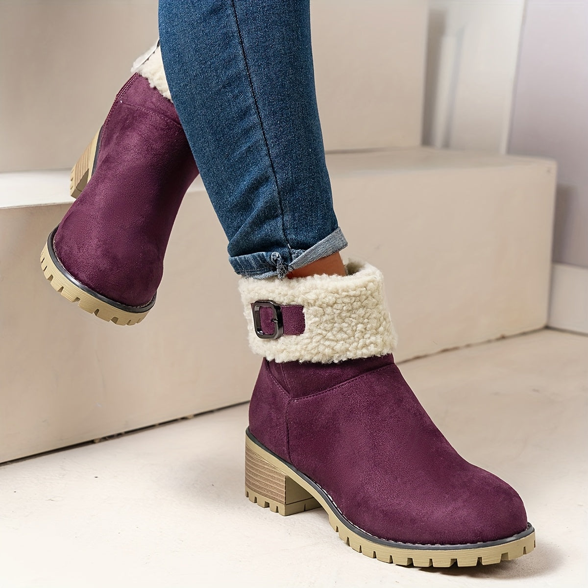 Burgundy vegan suede block heel ankle boots for women with sherpa cuff and stacked heel