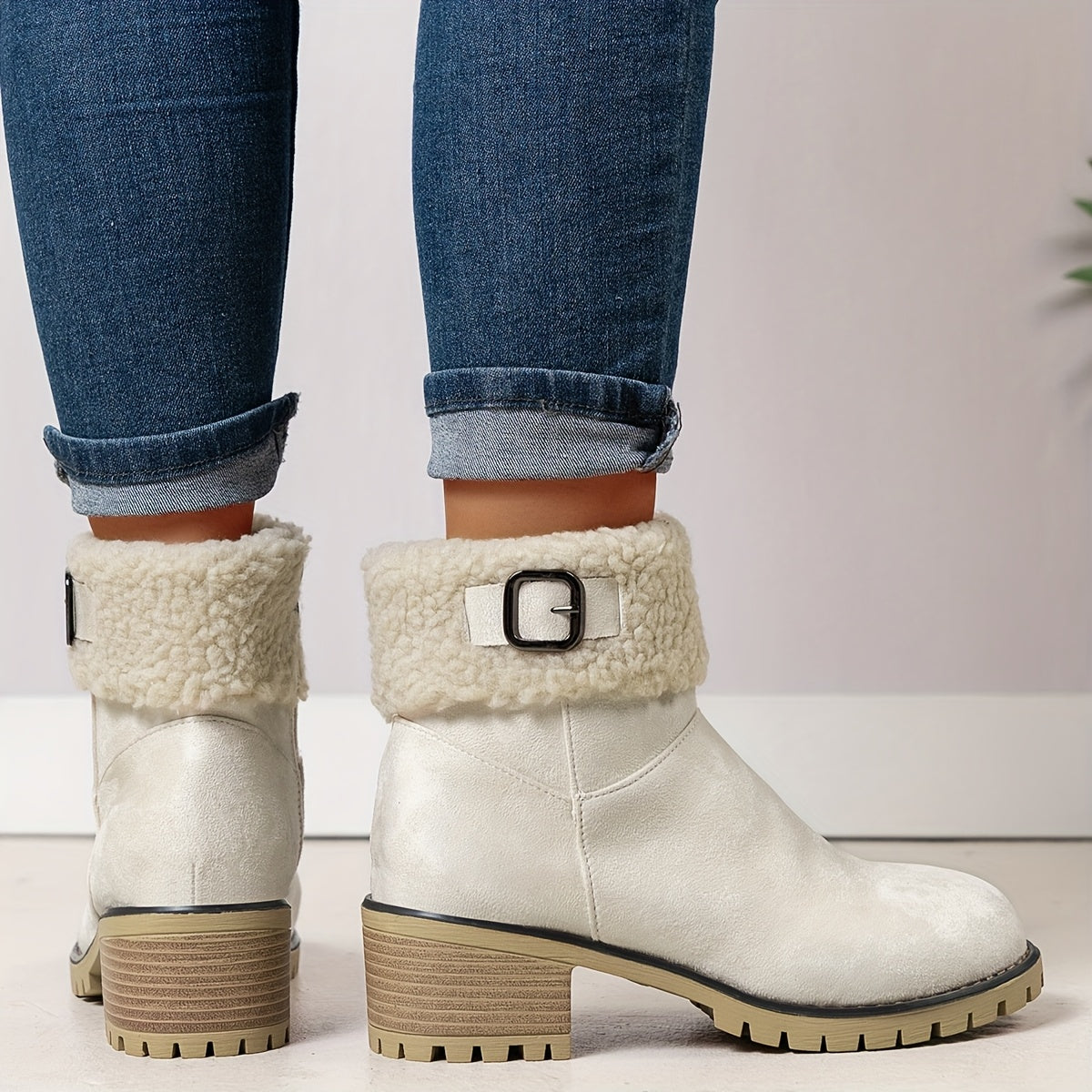 Cream sherpa cuff block heel ankle boots for women seen from behind, showing the stacked heel
