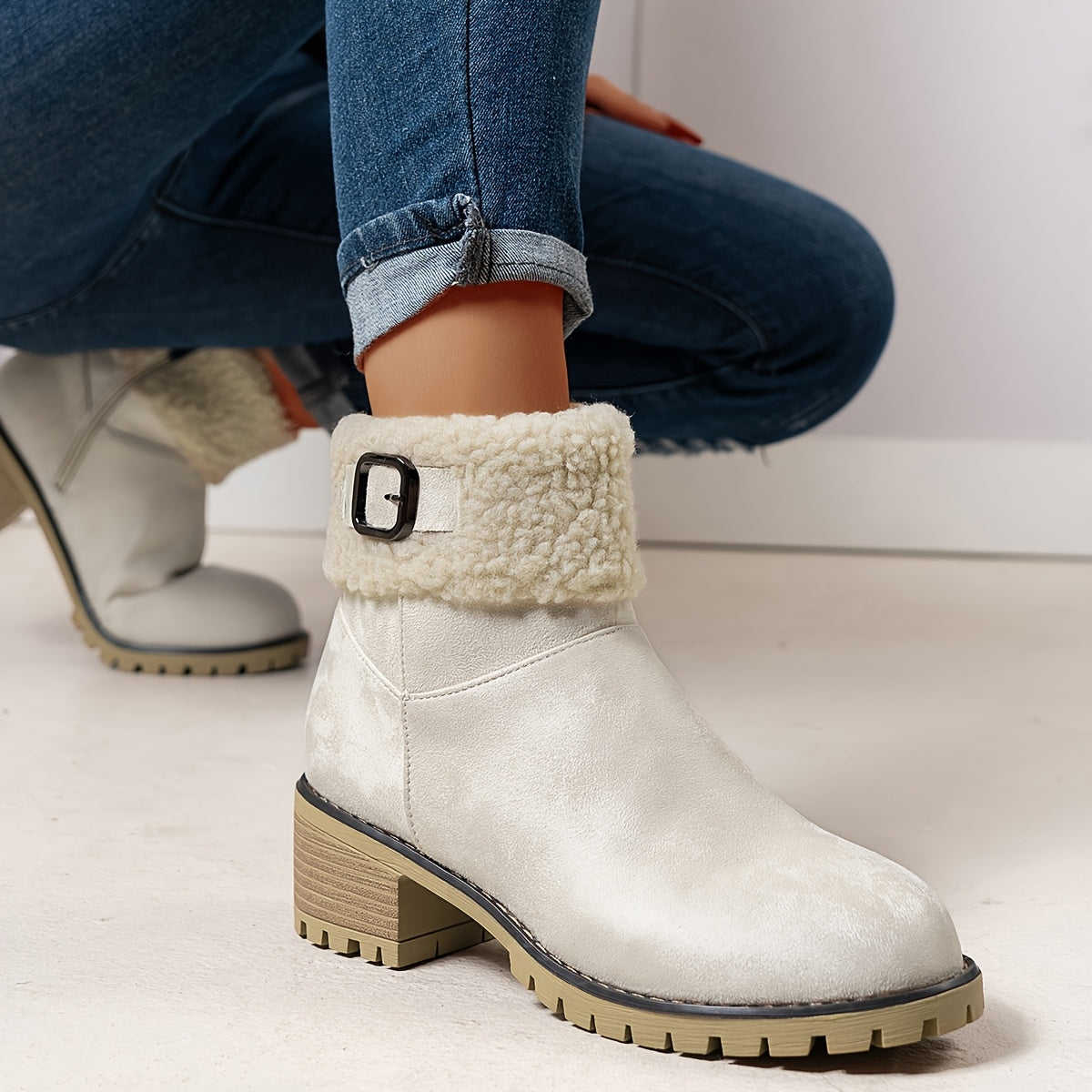 Cream vegan suede ankle boots for women with folded sherpa cuff and slim buckle strap detail