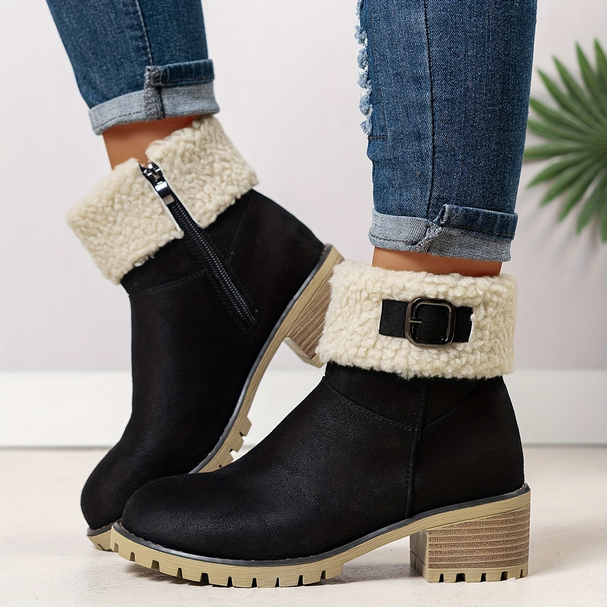 Black vegan suede block heel ankle boots for women with folded sherpa cuff, buckle strap and side zip
