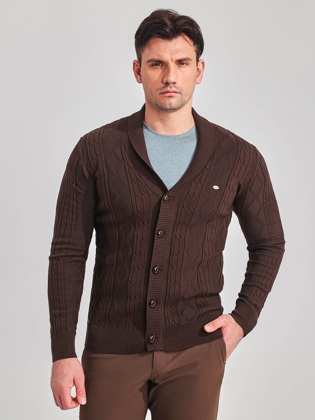 Victor Cotton Blend Cardigan – Shawl Collar Diamond Knit Button-Front Sweater