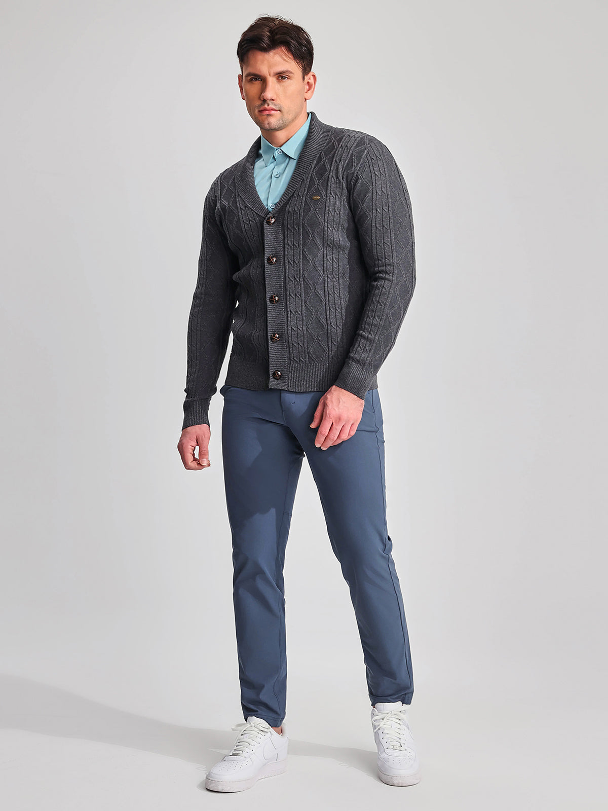 Victor Cotton Blend Cardigan – Shawl Collar Diamond Knit Button-Front Sweater
