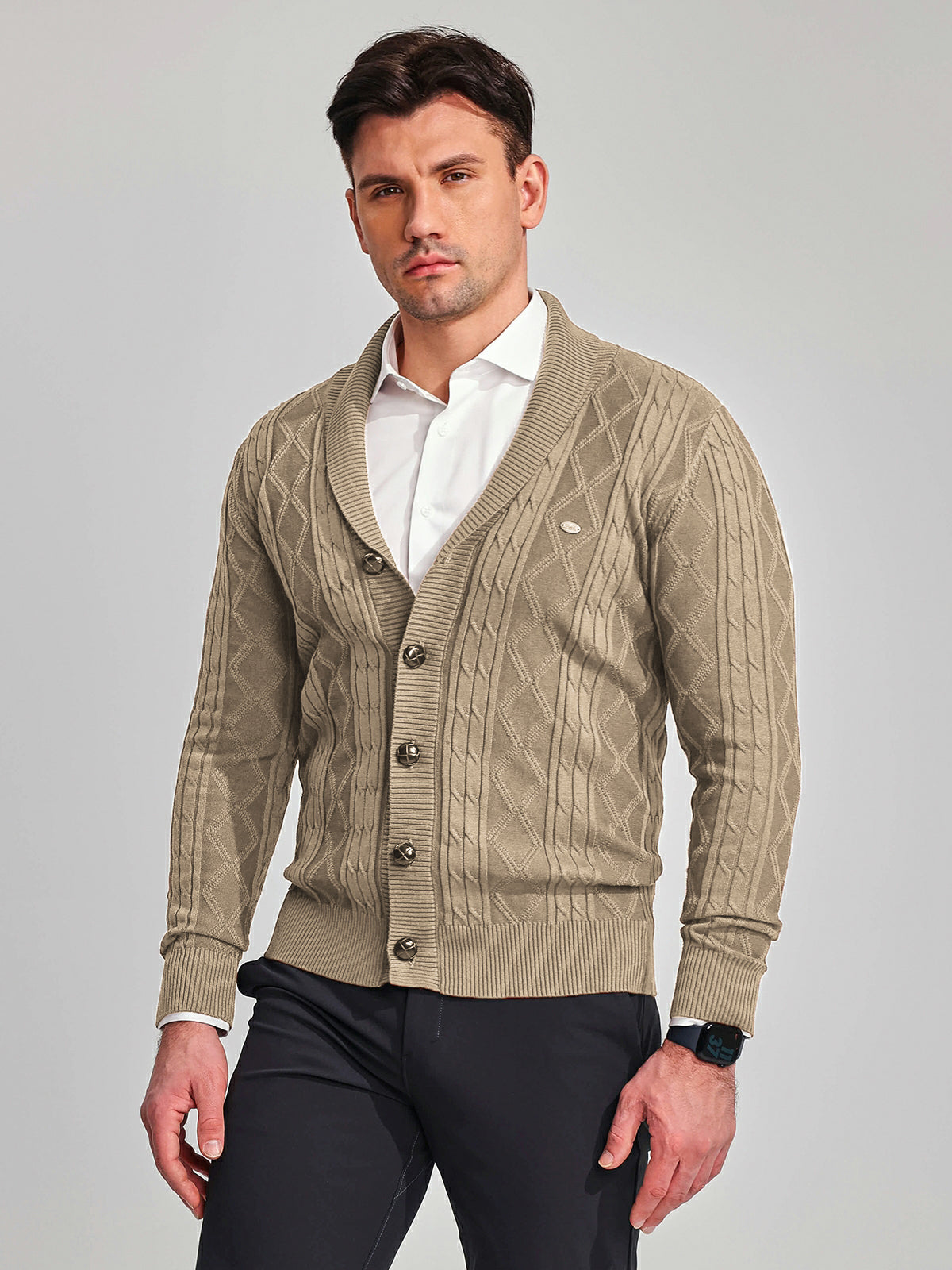 Victor Cotton Blend Cardigan – Shawl Collar Diamond Knit Button-Front Sweater
