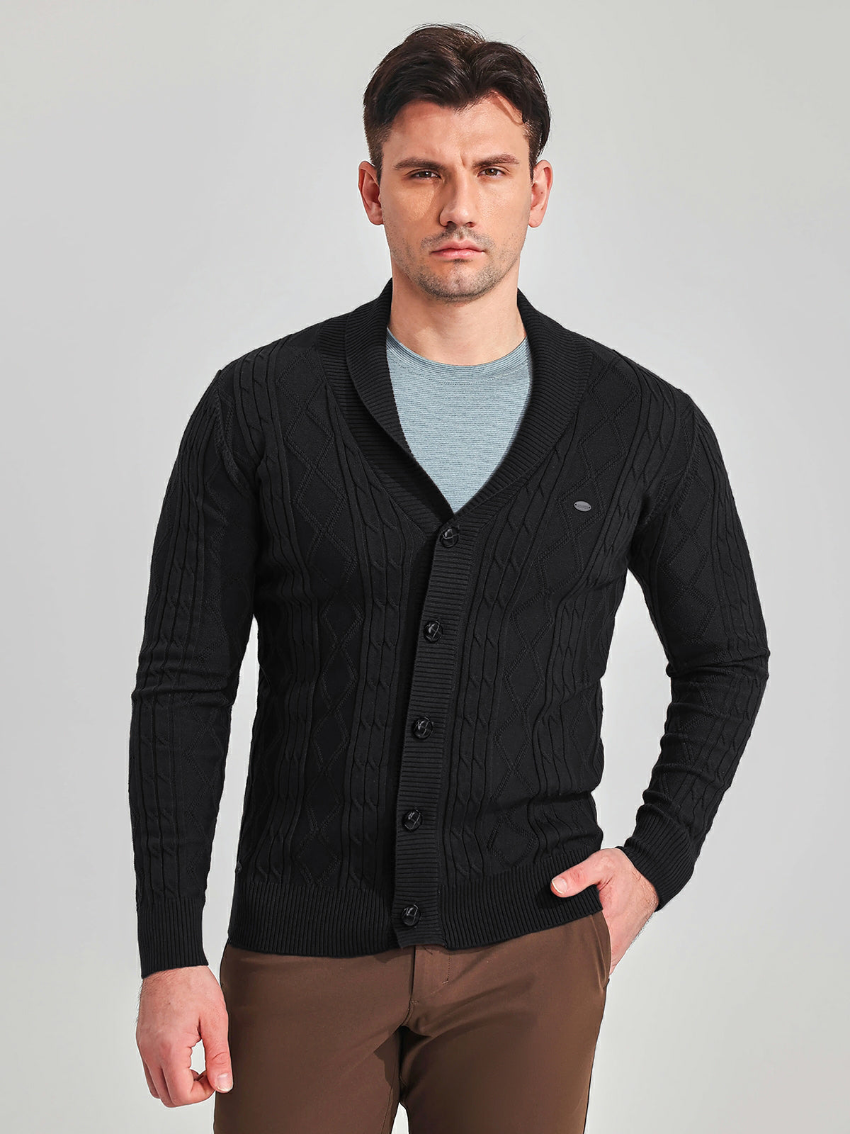 Victor Cotton Blend Cardigan – Shawl Collar Diamond Knit Button-Front Sweater