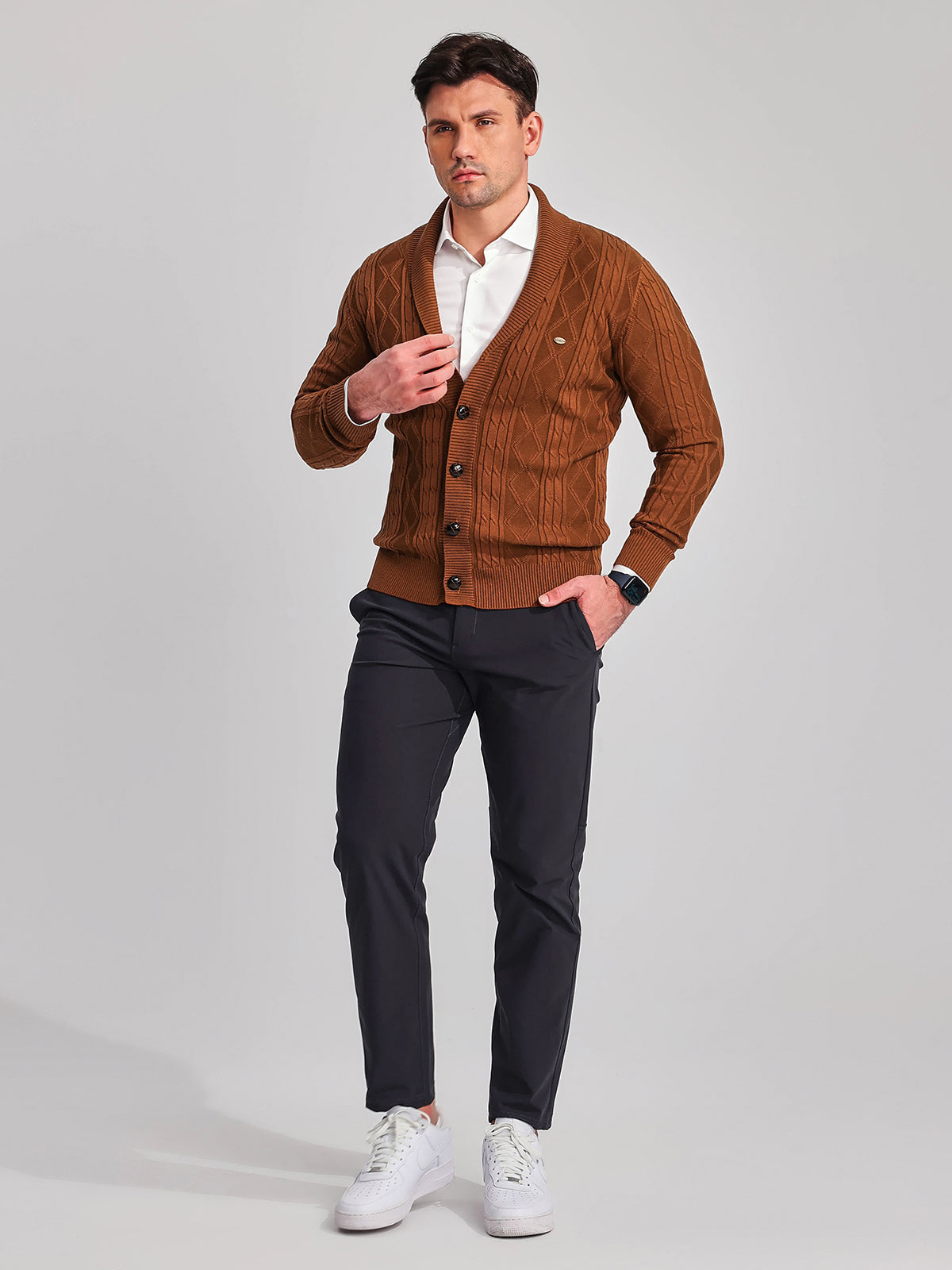 Victor Cotton Blend Cardigan – Shawl Collar Diamond Knit Button-Front Sweater