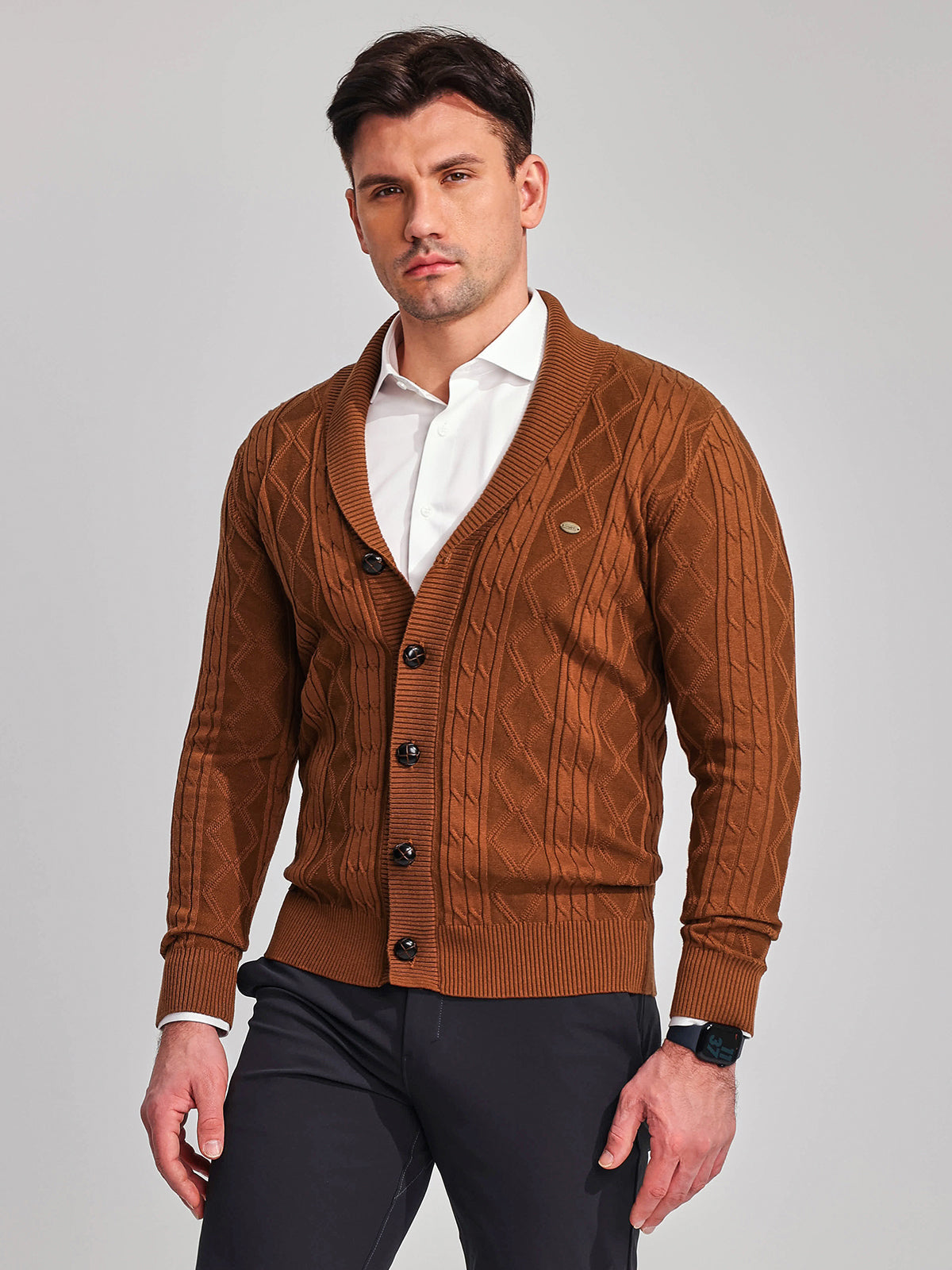Victor Cotton Blend Cardigan – Shawl Collar Diamond Knit Button-Front Sweater