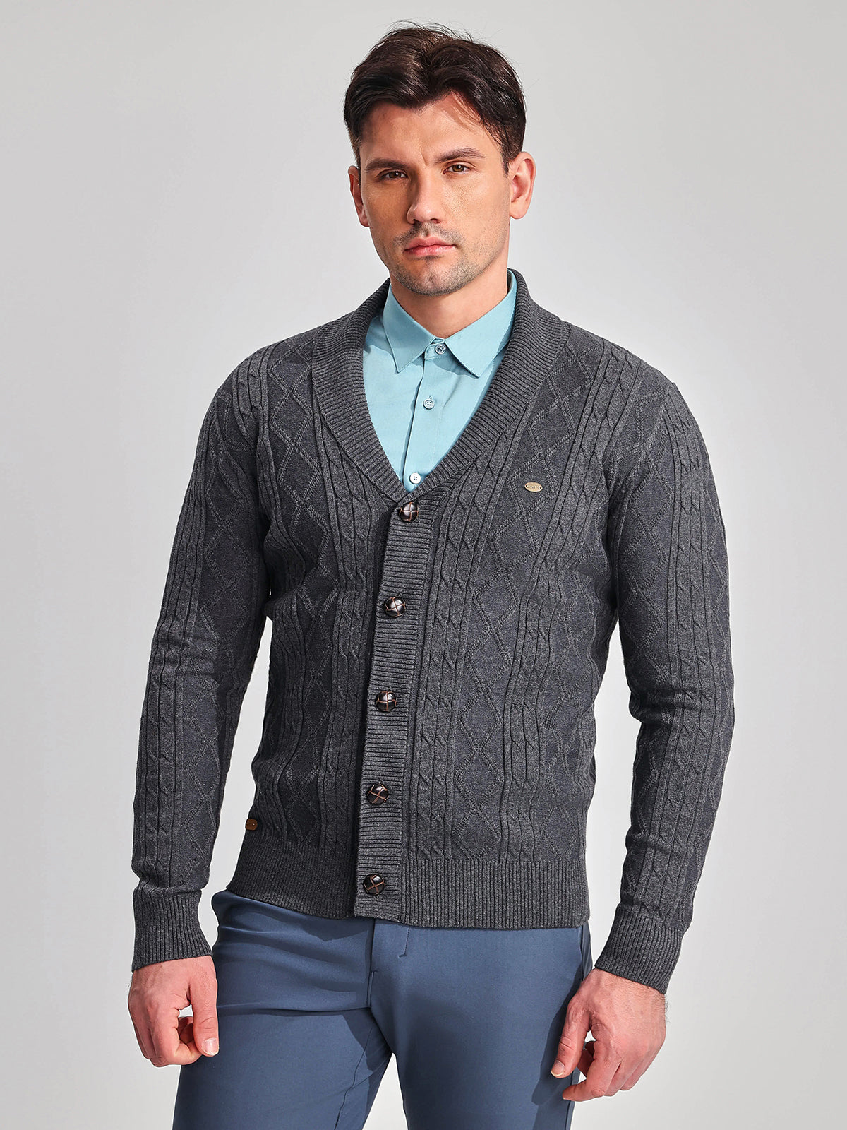 Victor Cotton Blend Cardigan – Shawl Collar Diamond Knit Button-Front Sweater