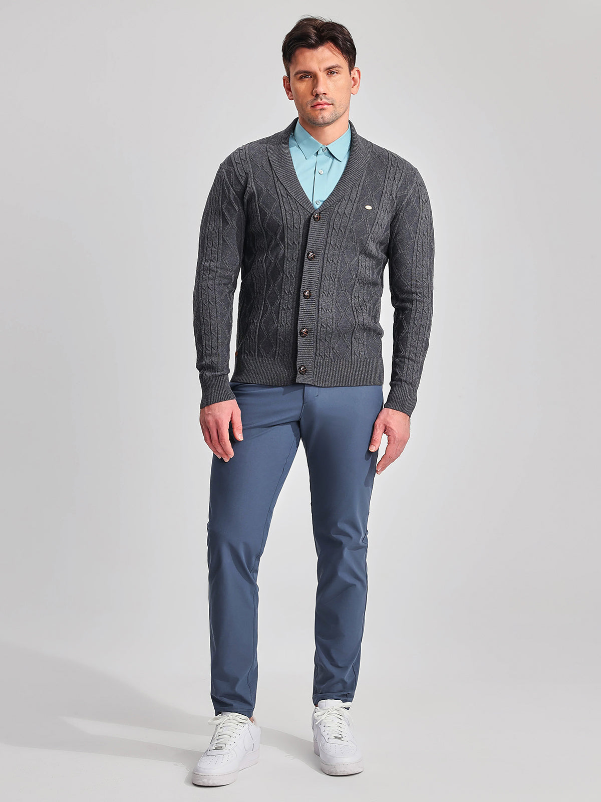 Victor Cotton Blend Cardigan – Shawl Collar Diamond Knit Button-Front Sweater