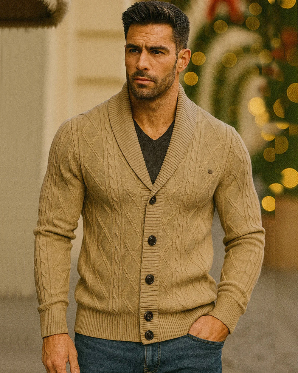 Victor Cotton Blend Cardigan – Shawl Collar Diamond Knit Button-Front Sweater