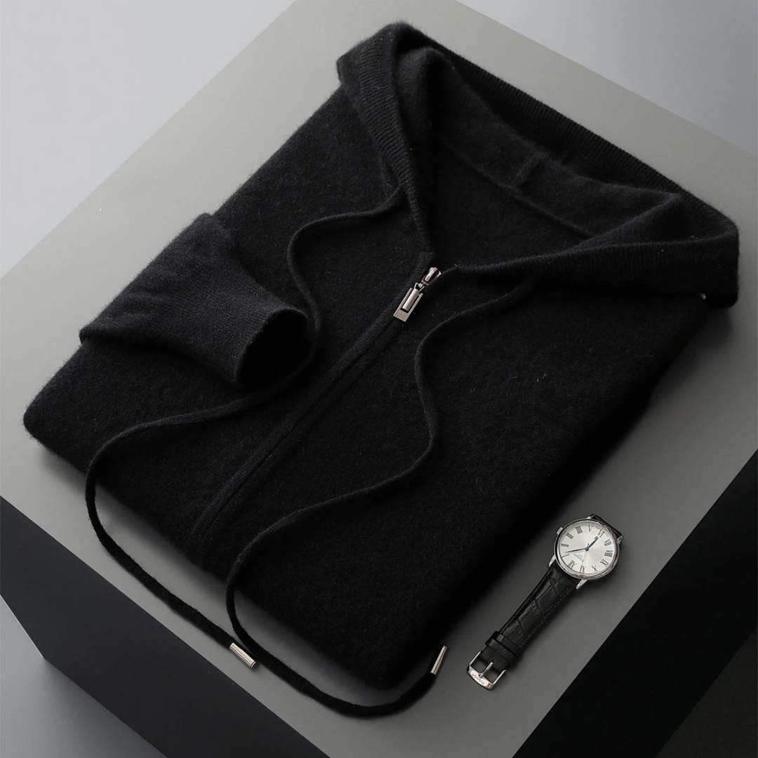 Victor Plush Knit Zip Hoodie – Relaxed Tailored Structured-Hood Cardigan