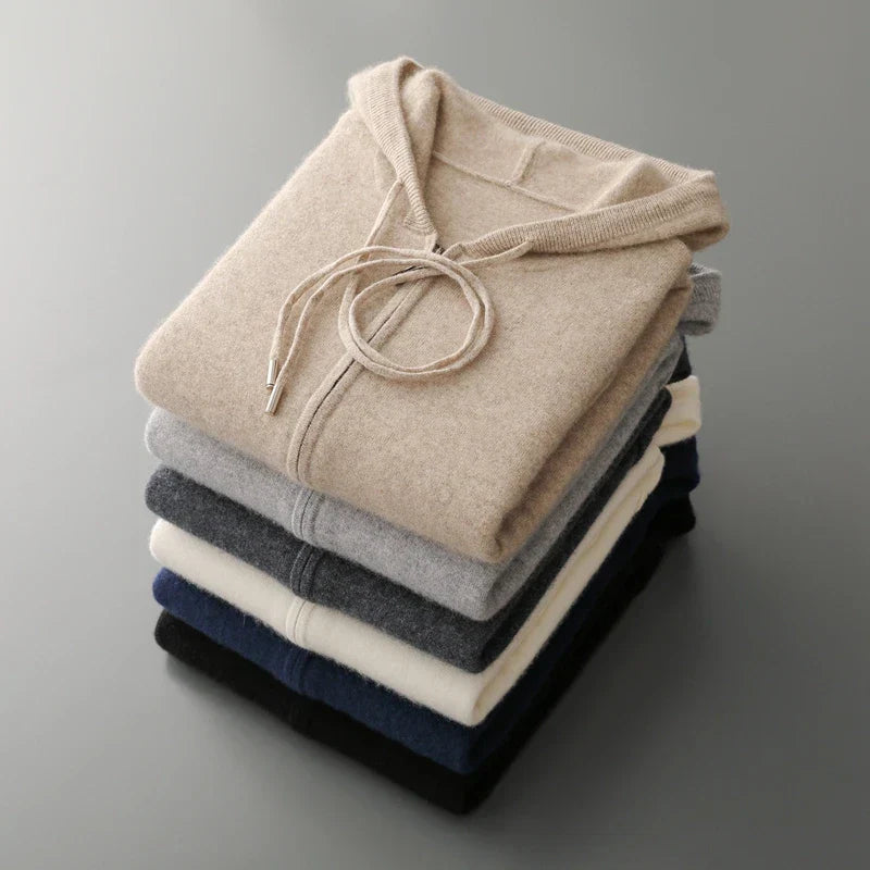 Victor Plush Knit Zip Hoodie – Relaxed Tailored Structured-Hood Cardigan