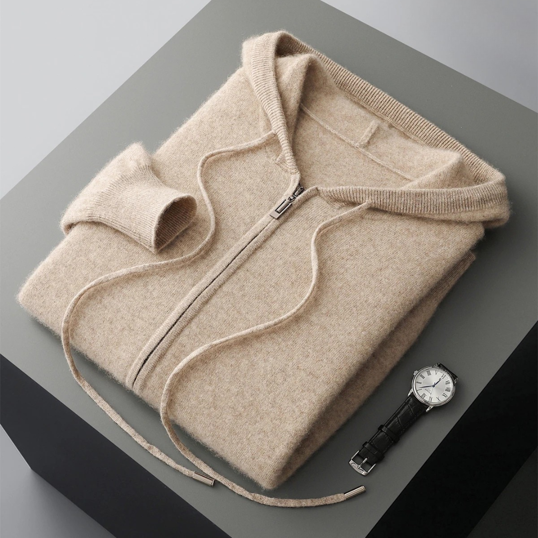 Victor Plush Knit Zip Hoodie – Relaxed Tailored Structured-Hood Cardigan