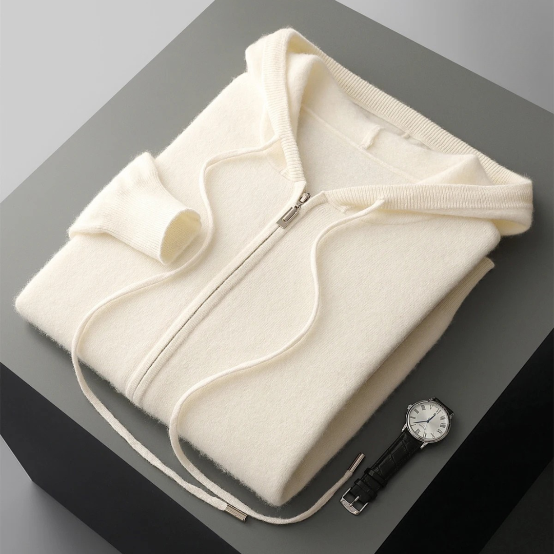 Victor Plush Knit Zip Hoodie – Relaxed Tailored Structured-Hood Cardigan