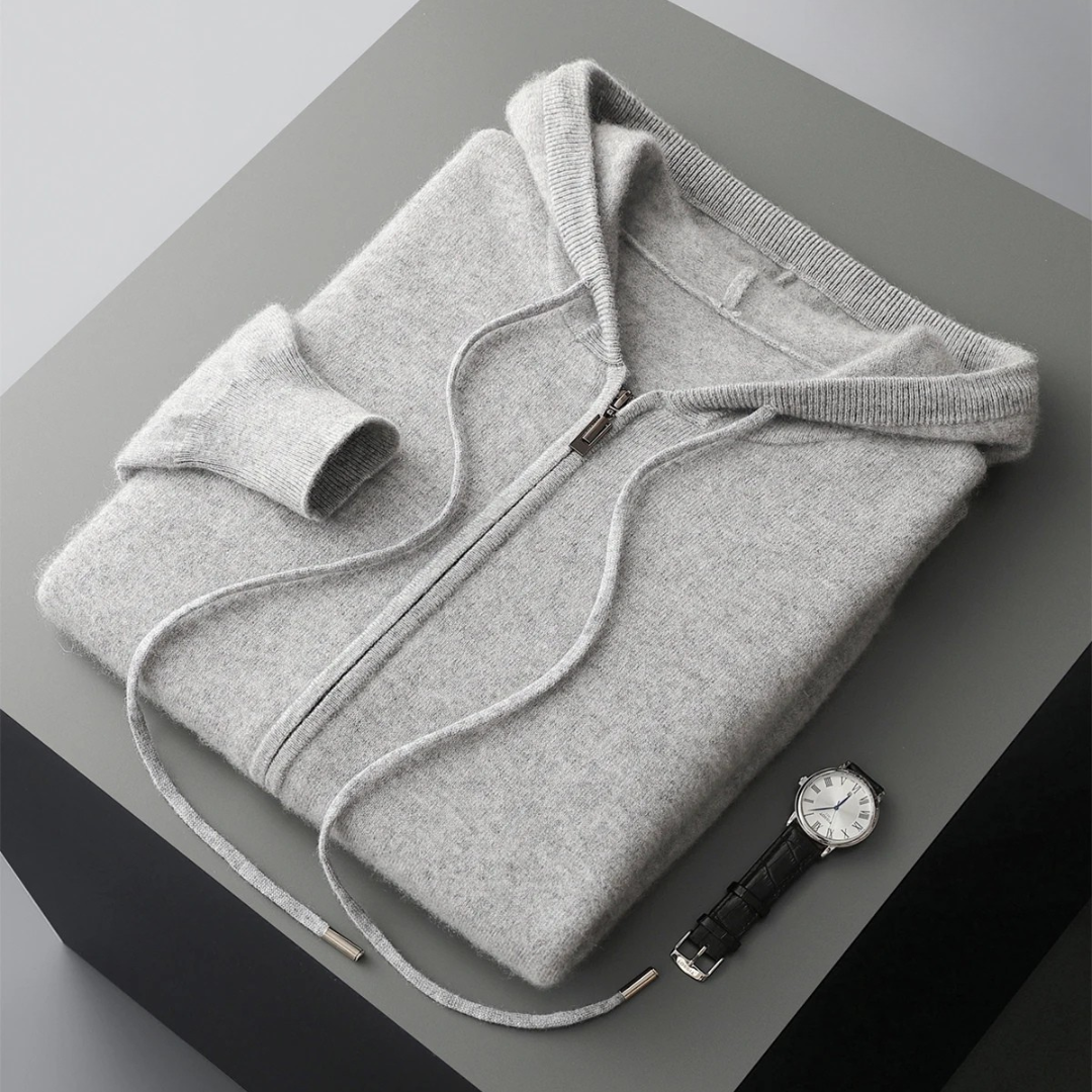 Victor Plush Knit Zip Hoodie – Relaxed Tailored Structured-Hood Cardigan