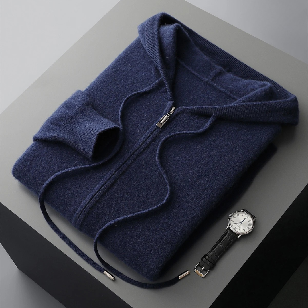 Victor Plush Knit Zip Hoodie – Relaxed Tailored Structured-Hood Cardigan