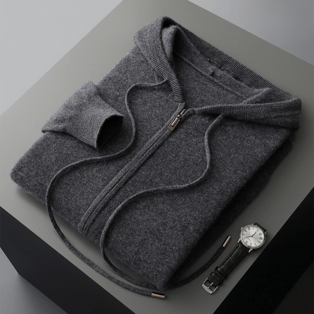 Victor Plush Knit Zip Hoodie – Relaxed Tailored Structured-Hood Cardigan