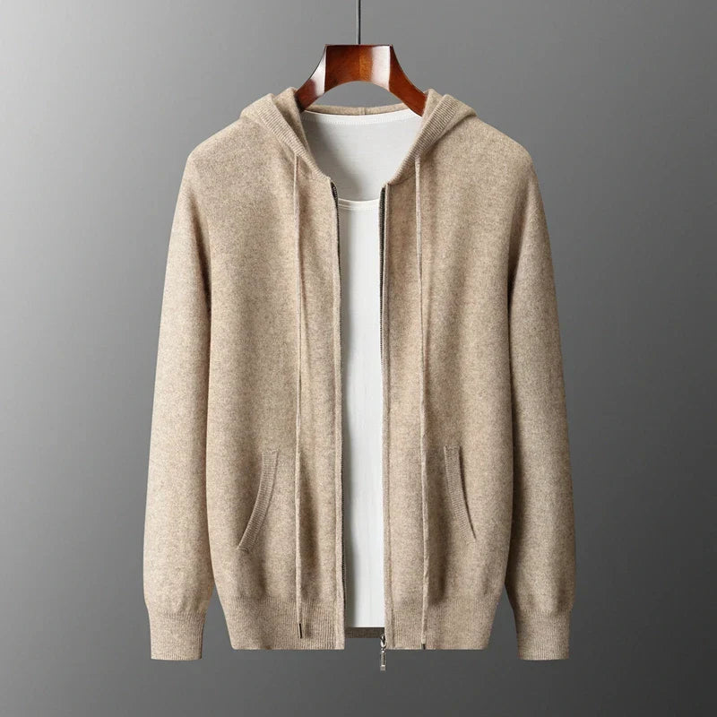 Victor Plush Knit Zip Hoodie – Relaxed Tailored Structured-Hood Cardigan
