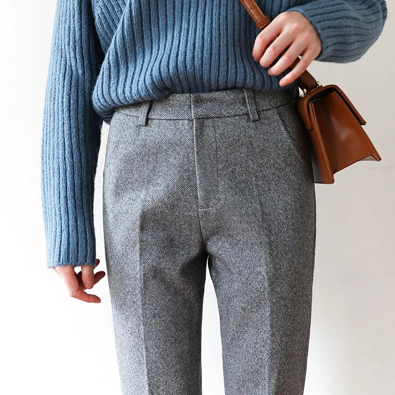 Vilma Wool Herringbone Pants – High-Waist Straight-Leg Winter Trousers