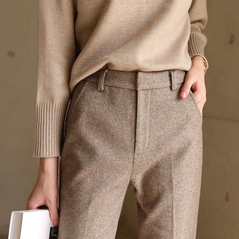 Vilma Wool Herringbone Pants – High-Waist Straight-Leg Winter Trousers