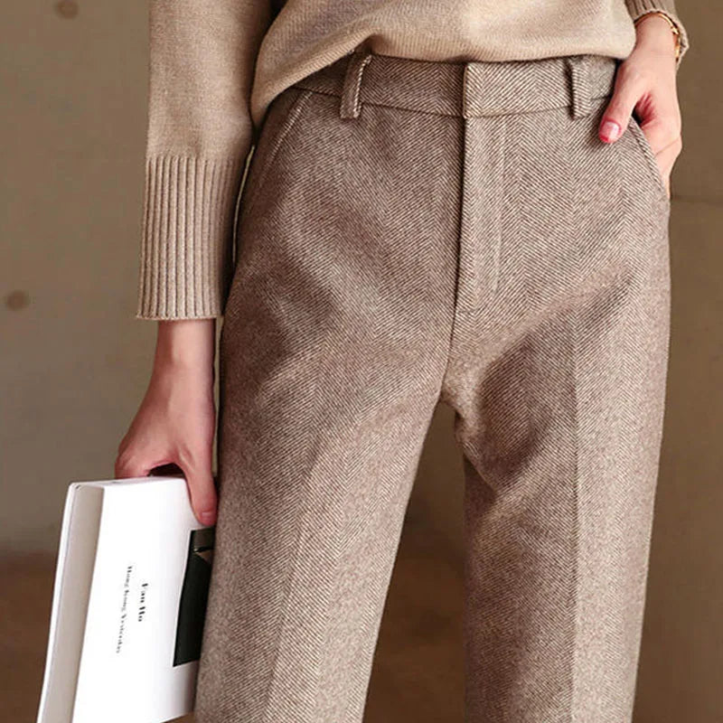 Vilma Wool Herringbone Pants – High-Waist Straight-Leg Winter Trousers
