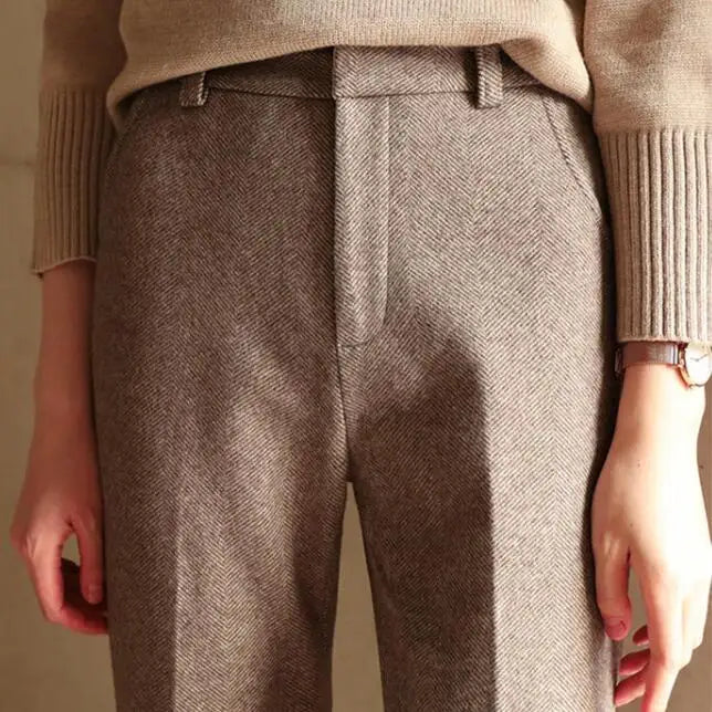 Vilma Wool Herringbone Pants – High-Waist Straight-Leg Winter Trousers
