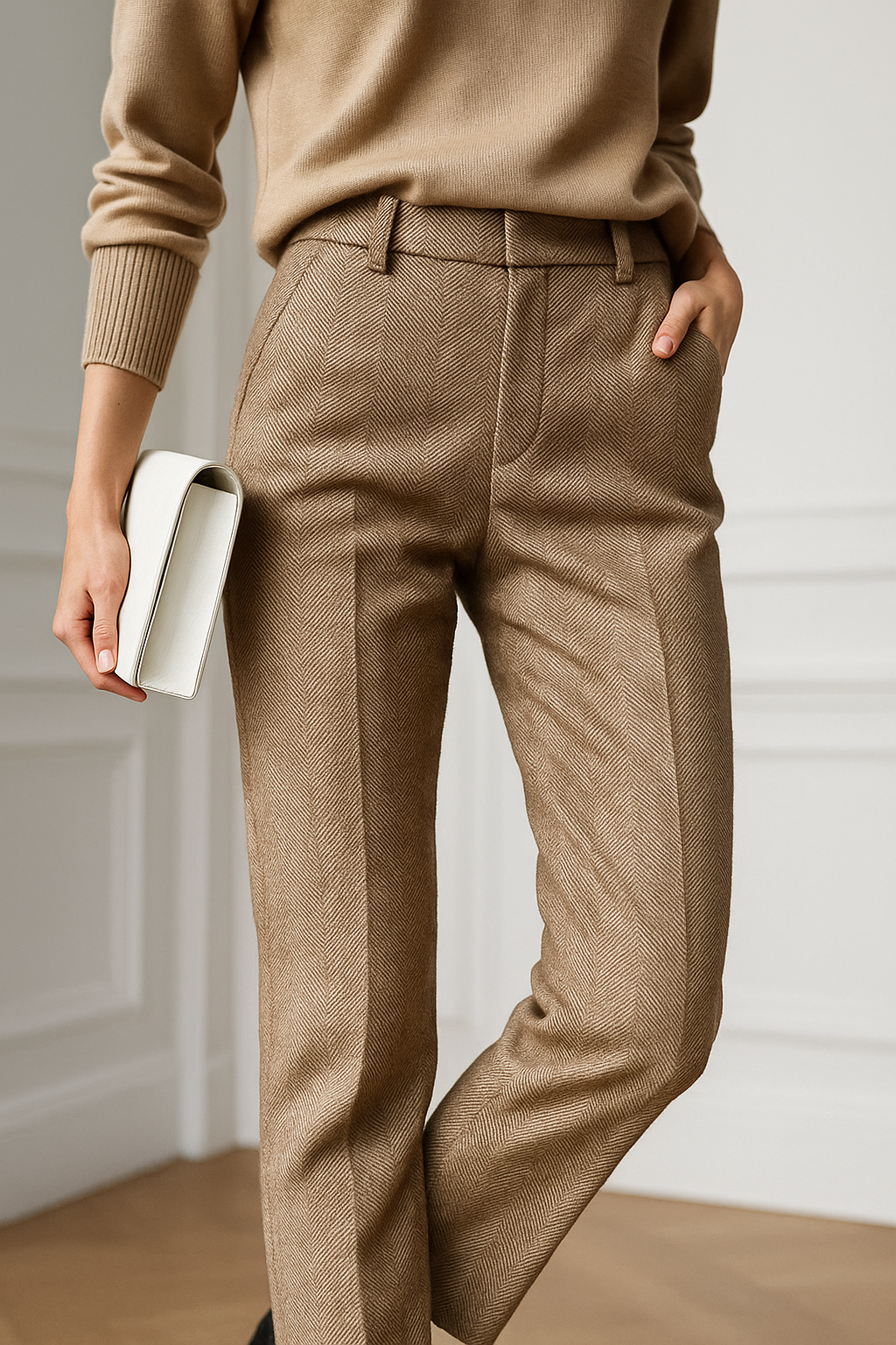 Vilma Wool Herringbone Pants – High-Waist Straight-Leg Winter Trousers